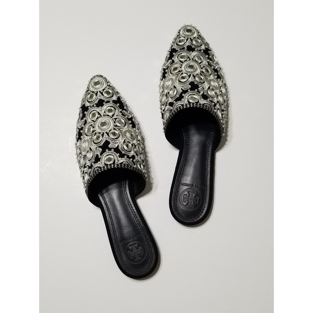 Tory Burch Elora Slide Black Suede Mirror Embroidery Flat Mule Slipper 6 $378